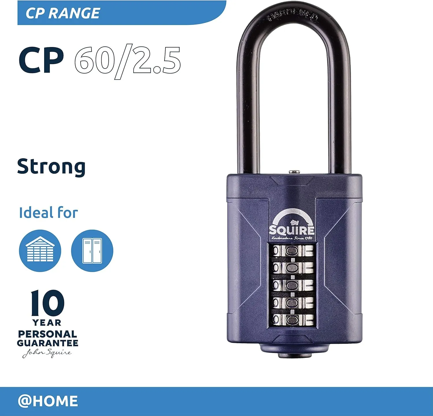 Squire Heavy Duty Padlock CP60/2.5 - Toughest Long Shackle 5 Wheel Combination Padlock, Alloy Steel, Corrosion Resistance, Weatherproof - Blue, 2.36 in