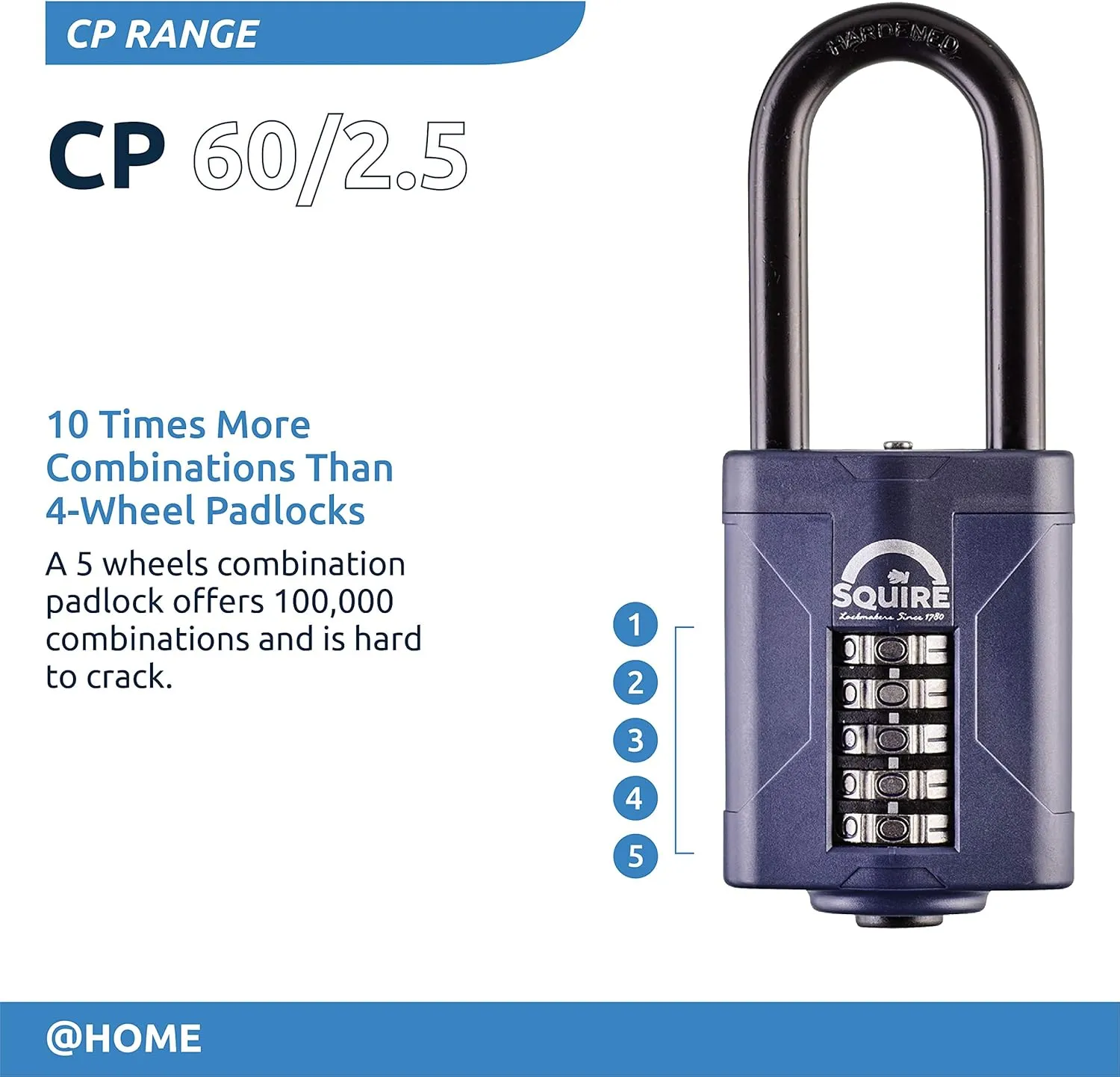 Squire Heavy Duty Padlock CP60/2.5 - Toughest Long Shackle 5 Wheel Combination Padlock, Alloy Steel, Corrosion Resistance, Weatherproof - Blue, 2.36 in