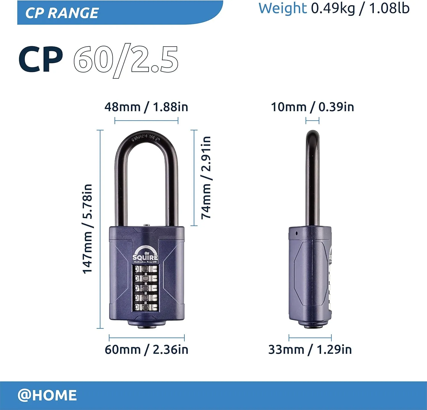 Squire Heavy Duty Padlock CP60/2.5 - Toughest Long Shackle 5 Wheel Combination Padlock, Alloy Steel, Corrosion Resistance, Weatherproof - Blue, 2.36 in