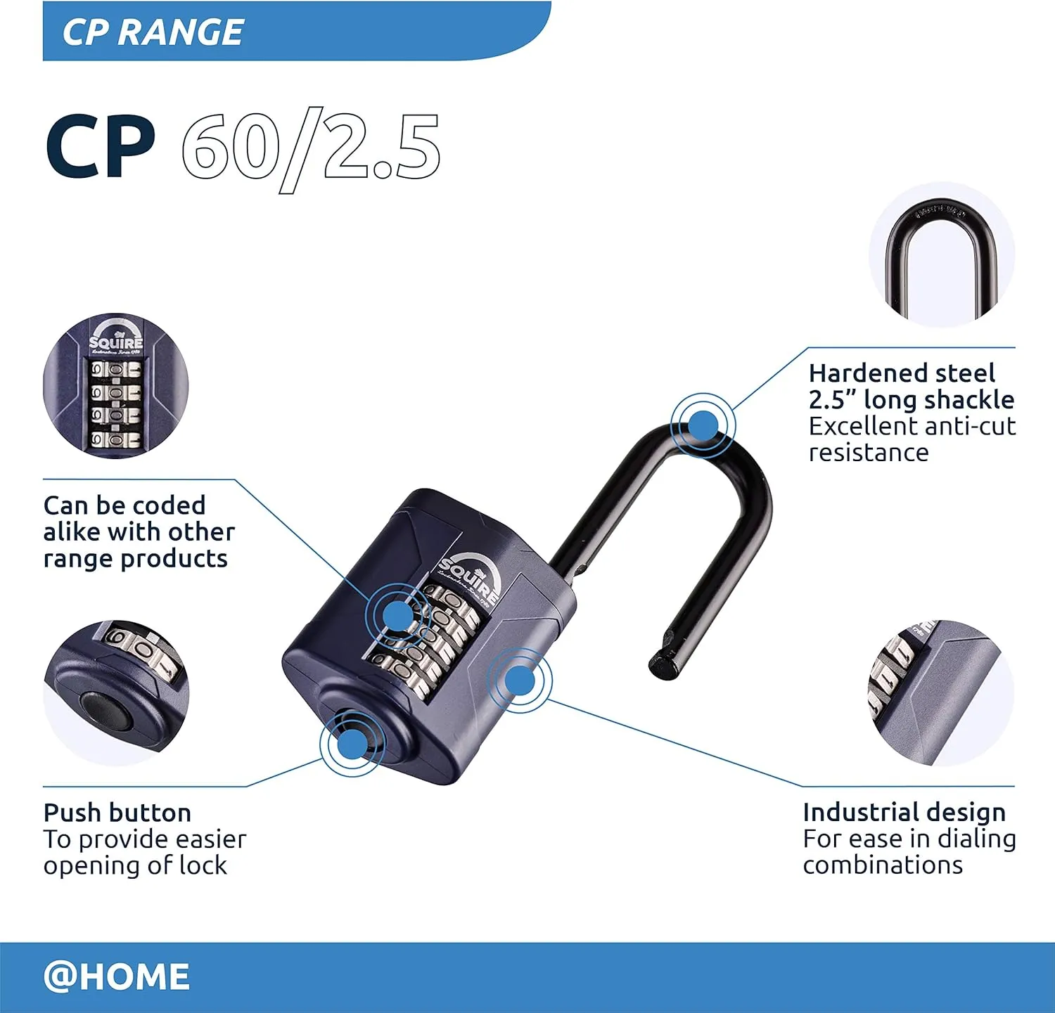 Squire Heavy Duty Padlock CP60/2.5 - Toughest Long Shackle 5 Wheel Combination Padlock, Alloy Steel, Corrosion Resistance, Weatherproof - Blue, 2.36 in