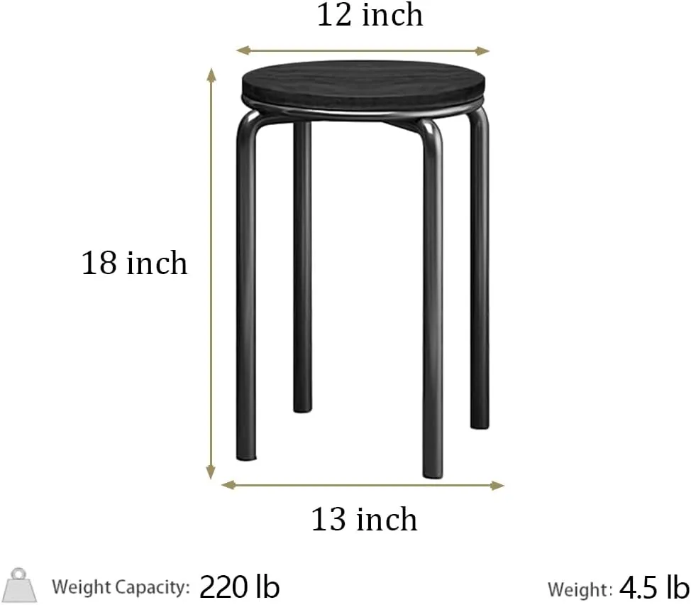 Stacking Stools Set of 4, 18" H Backless Round Wooden Top Portable Stackable Stools with Metal Frame (Black)