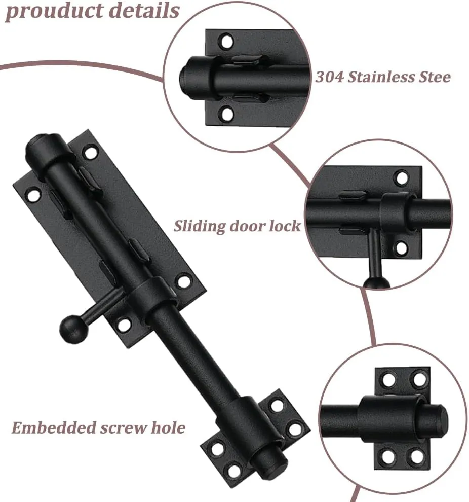 Stainless Steel 8-Inch Black Barrel Bolt Latch Fence/Barn/Dog House/Bedroom Barrel Door Latch