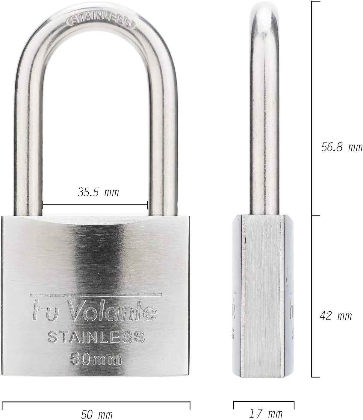 Stainless Steel Pin Tumbler Padlock, 304 Marine Series, Weatherproof, 2 inch Wide Body, Long Shackle, Keyed Different
