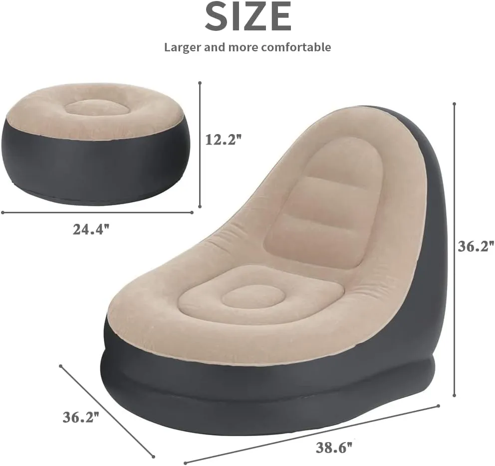 STARBRILLIANT Inflatable Living Room Furniture Chair with Stool for Resting Feet, Indoor Foldable Deck Chaise Lounges with Air Pump, Travel Camping Picnic Beach Chair(Brown)