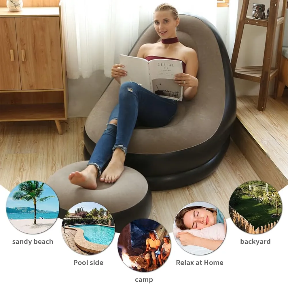 STARBRILLIANT Inflatable Living Room Furniture Chair with Stool for Resting Feet, Indoor Foldable Deck Chaise Lounges with Air Pump, Travel Camping Picnic Beach Chair(Brown)