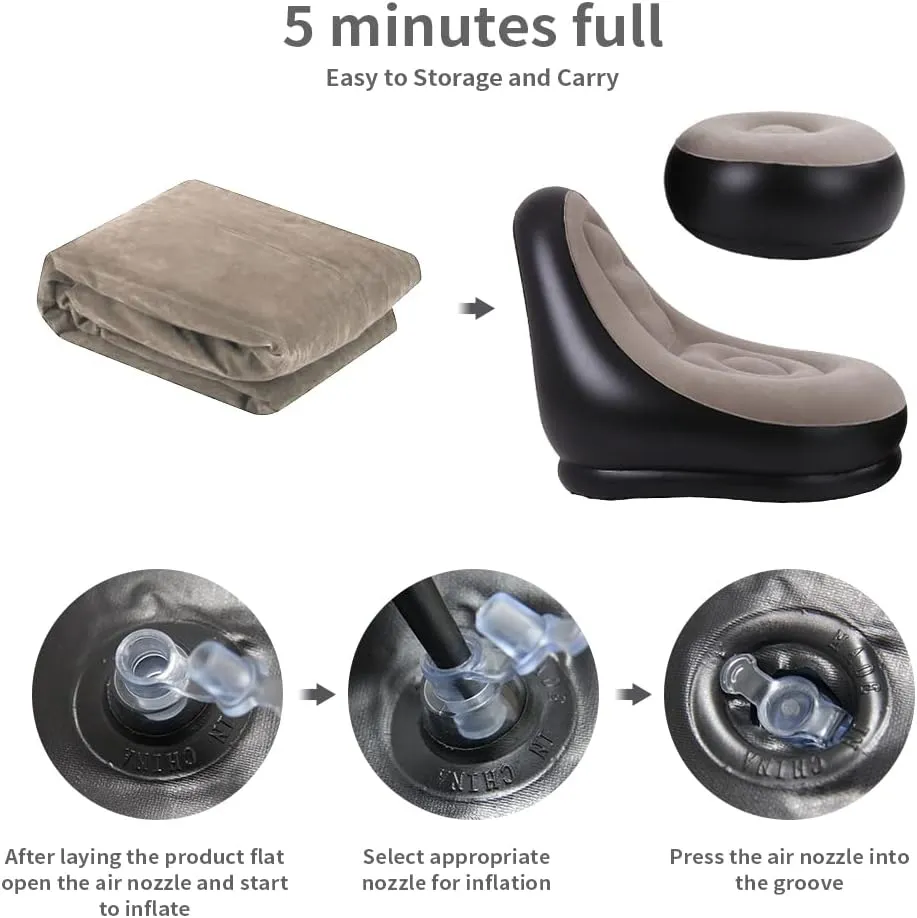 STARBRILLIANT Inflatable Living Room Furniture Chair with Stool for Resting Feet, Indoor Foldable Deck Chaise Lounges with Air Pump, Travel Camping Picnic Beach Chair(Brown)
