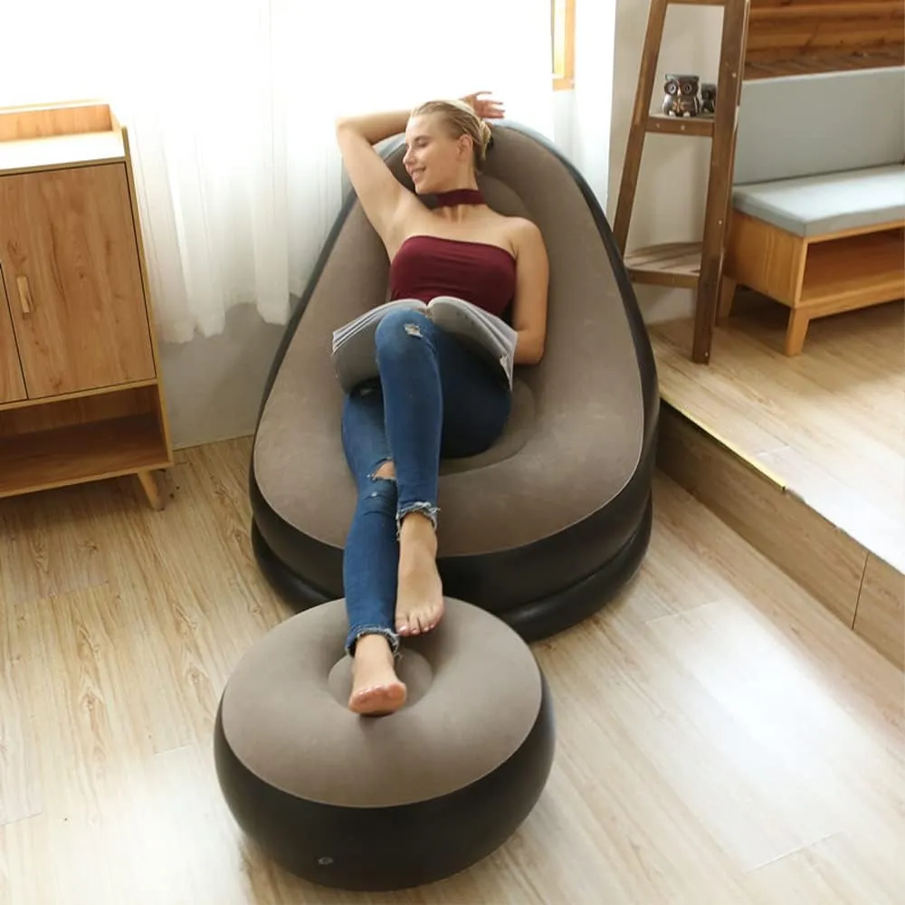 STARBRILLIANT Inflatable Living Room Furniture Chair with Stool for Resting Feet, Indoor Foldable Deck Chaise Lounges with Air Pump, Travel Camping Picnic Beach Chair(Brown)