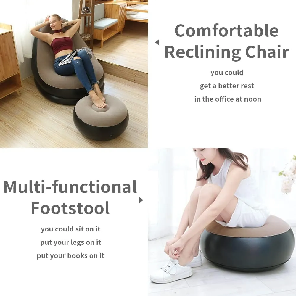 STARBRILLIANT Inflatable Living Room Furniture Chair with Stool for Resting Feet, Indoor Foldable Deck Chaise Lounges with Air Pump, Travel Camping Picnic Beach Chair(Brown)