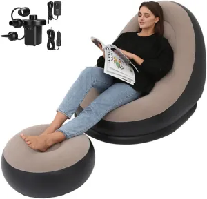 STARBRILLIANT Inflatable Living Room Furniture Chair with Stool for Resting Feet, Indoor Foldable Deck Chaise Lounges with Air Pump, Travel Camping Picnic Beach Chair(Brown)
