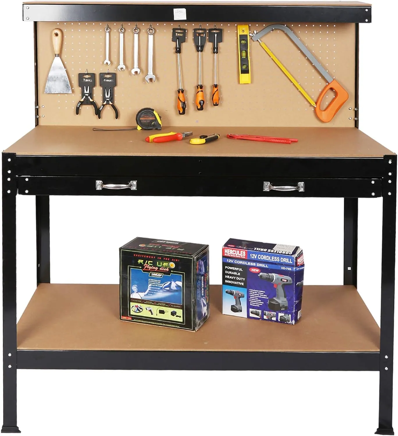 Steel Workbench Tool Storage Work Bench Workshop Tools Table W/Drawer and Peg Board 115cm, for Workshop Office Home Garage