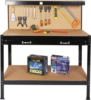 Steel Workbench Tool Storage Work Bench Workshop Tools Table W/Drawer and Peg Board 115cm, for Workshop Office Home Garage