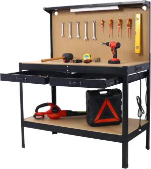 Steel Workbench Tool Storage Work Bench Workshop Tools Table W/Drawer and Peg Board,4xAC Outlets 2xUSB Ports,Black