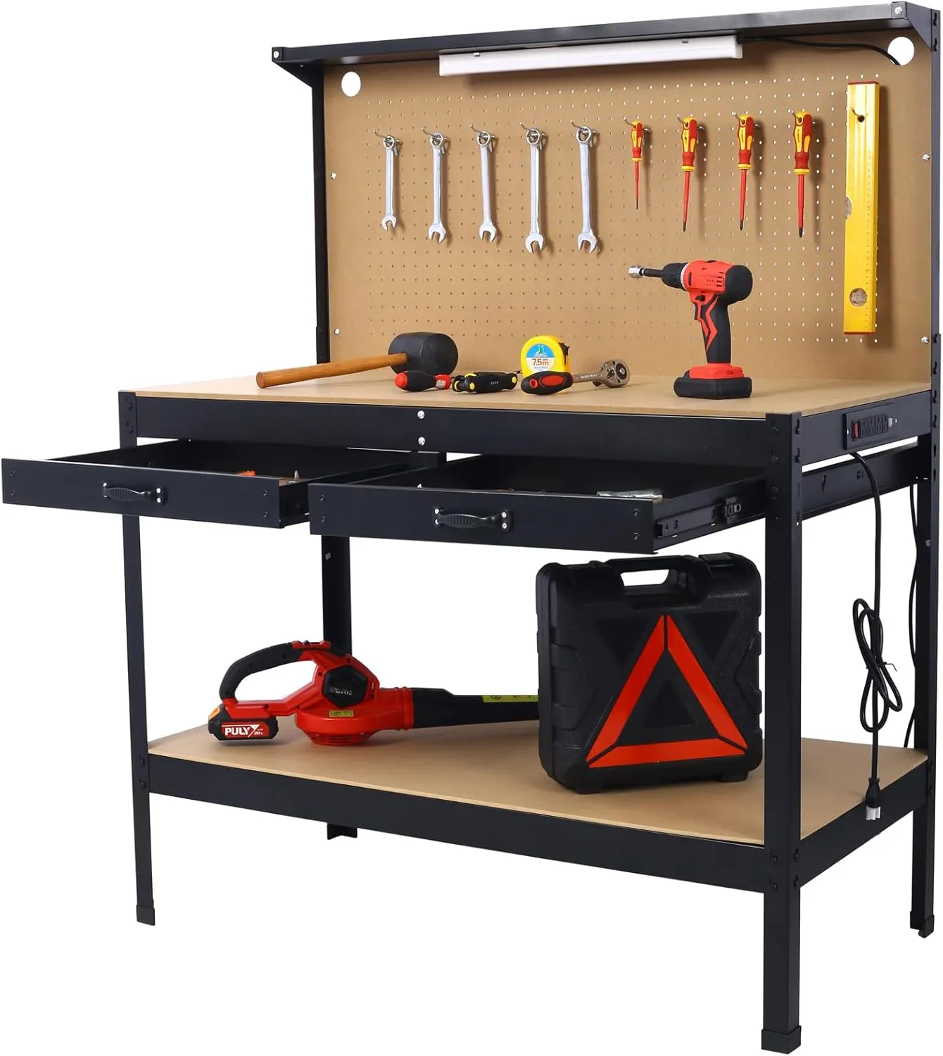 Steel Workbench Tool Storage Work Bench Workshop Tools Table W/Drawer and Peg Board,4xAC Outlets 2xUSB Ports,Black