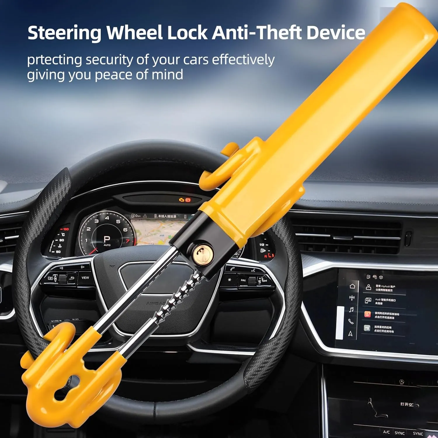 Steering Wheel Lock,Heavy Duty Anti-Theft Car Device with Double Hooks Design for Enhanced Vehicle Protection,Adjustable Length Locking with 2 Keys Universal Fit (Yellow)