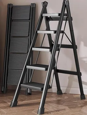 Step Ladder 5 Step Folding Portable Step Ladder with Anti-Slip Wide Pedal Aluminum Stepladder Lightweight Step Stool for Office Household Library 300lbs - Black