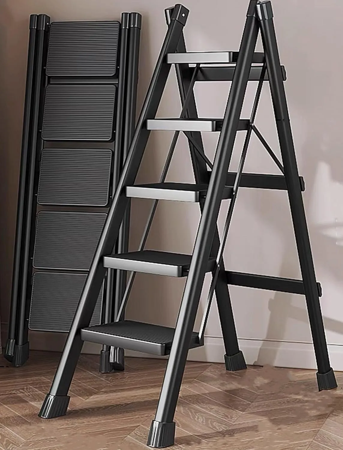 Step Ladder 5 Step Folding Portable Step Ladder with Anti-Slip Wide Pedal Aluminum Stepladder Lightweight Step Stool for Office Household Library 300lbs - Black