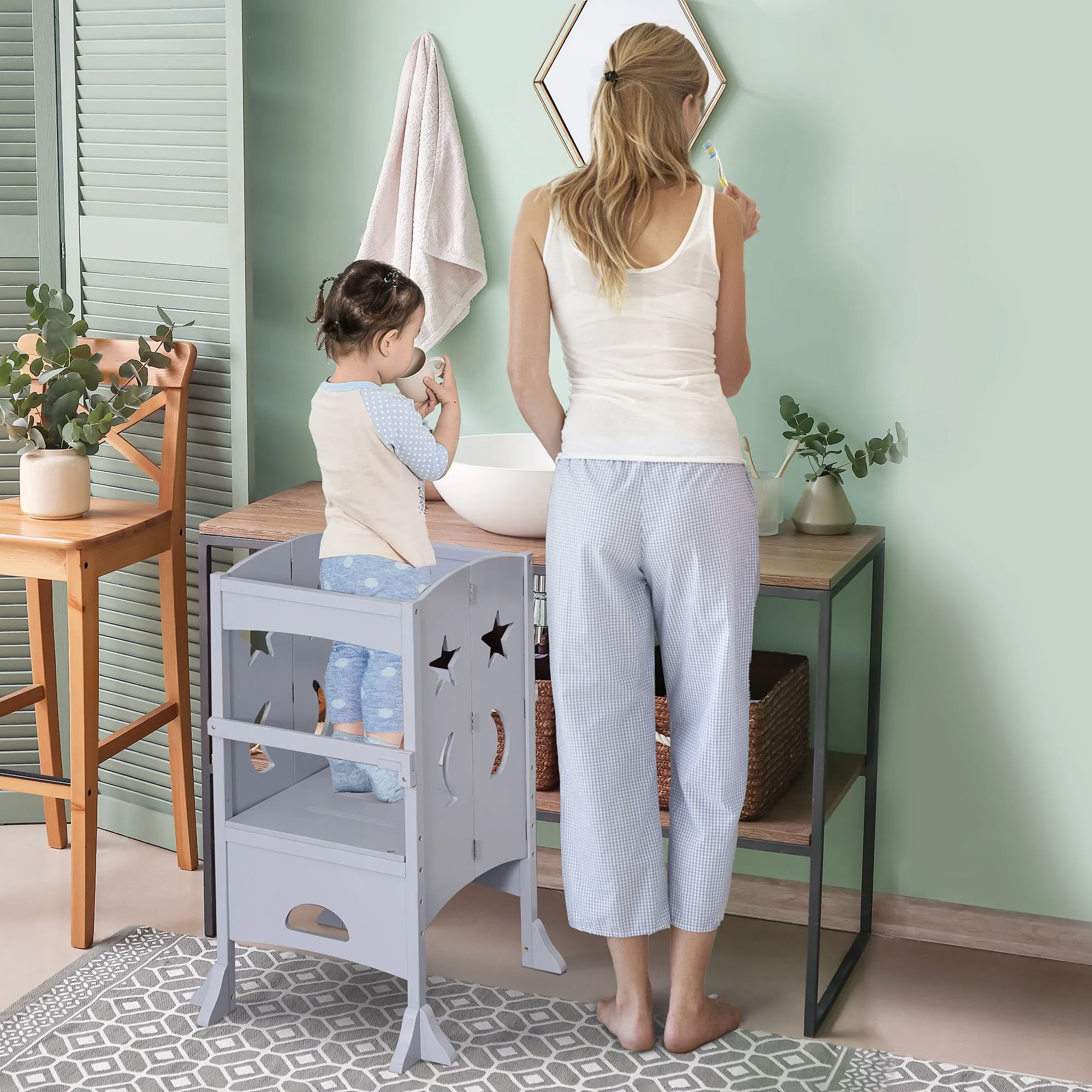 Step Stool with Support Handles Safety Rail Non-Slip Hardwood Stepping Stool for Kids Toddlers Counter Step Helper
