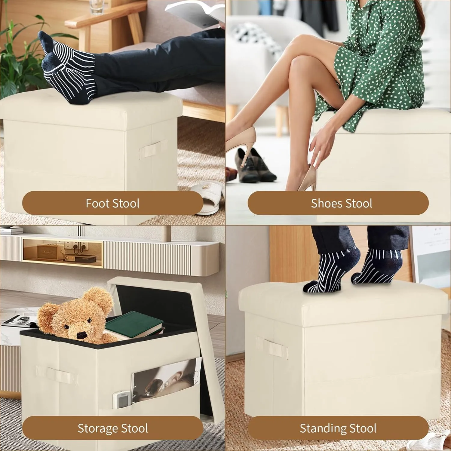 Storage Ottoman Foot Rest Stool, Folding Leather Footstool Bench with Thicker Foam Padded Seat. Short Foot Stool Ottoman with Storage for Living Room Bedroom 350 lbs, 17x13x13in, Beige