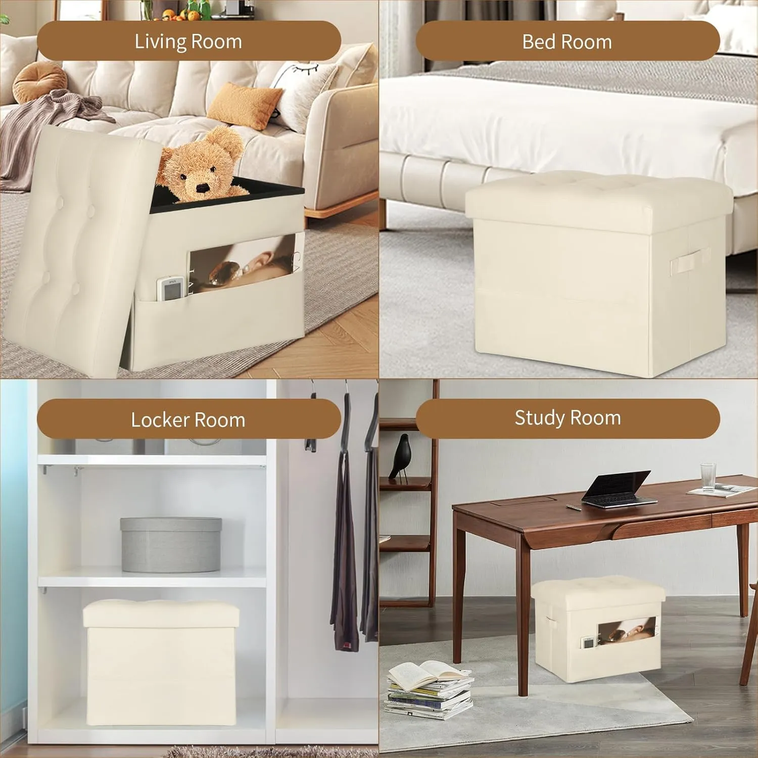 Storage Ottoman Foot Rest Stool, Folding Leather Footstool Bench with Thicker Foam Padded Seat. Short Foot Stool Ottoman with Storage for Living Room Bedroom 350 lbs, 17x13x13in, Beige