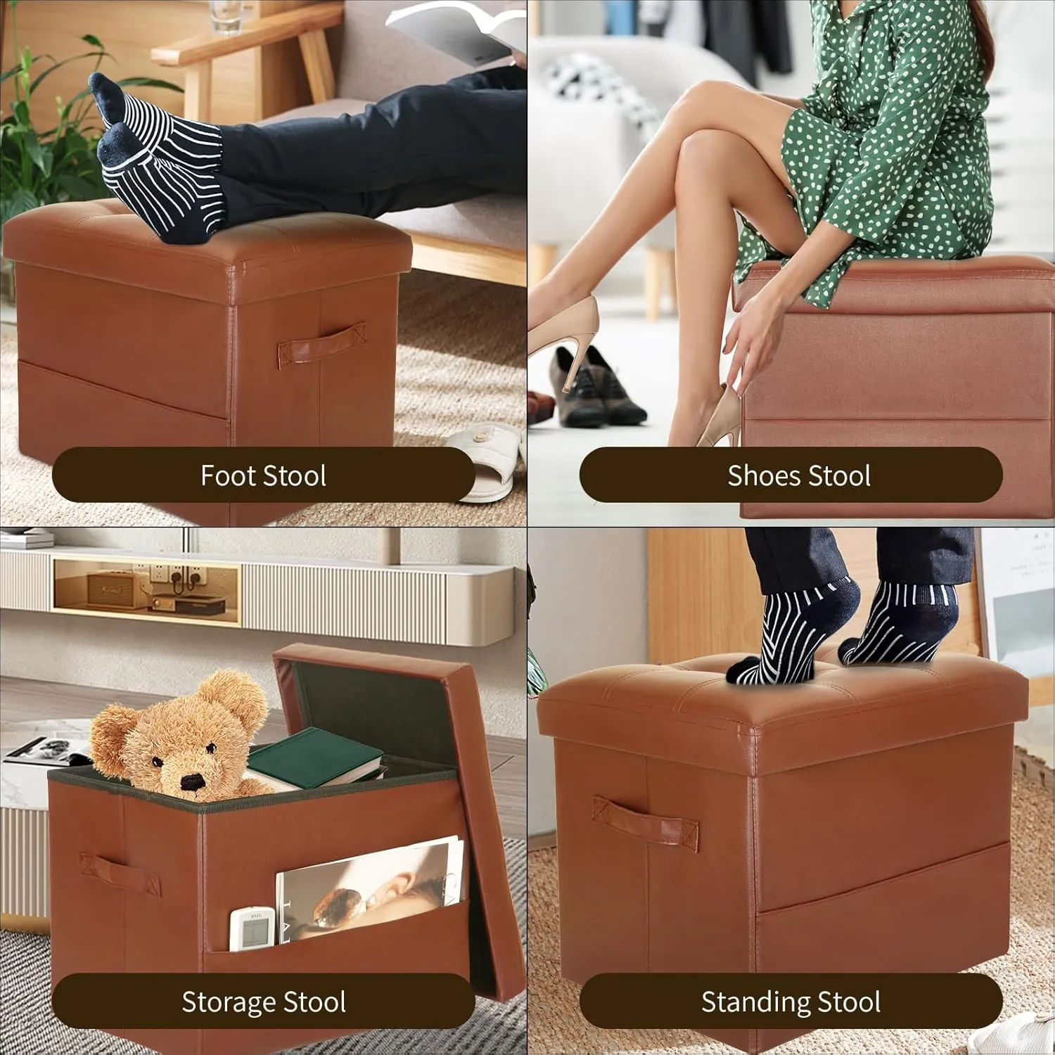 Storage Ottoman Foot Rest Stool. Folding Ottoman with Storage with Thicker Foam Padded Seat. 330 lbs Footstool Bench for Living Room, Bedroom, Home Office Table, 17x13x13in, Light Brown