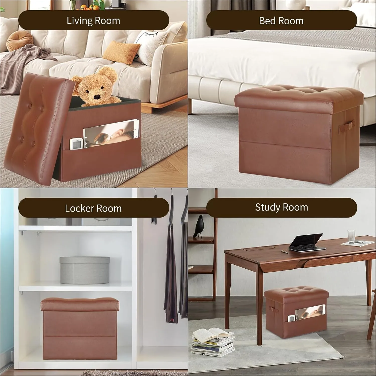 Storage Ottoman Foot Rest Stool. Folding Ottoman with Storage with Thicker Foam Padded Seat. 330 lbs Footstool Bench for Living Room, Bedroom, Home Office Table, 17x13x13in, Light Brown