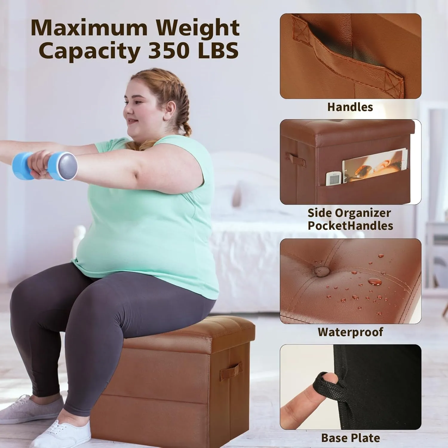 Storage Ottoman Foot Rest Stool. Folding Ottoman with Storage with Thicker Foam Padded Seat. 330 lbs Footstool Bench for Living Room, Bedroom, Home Office Table, 17x13x13in, Light Brown
