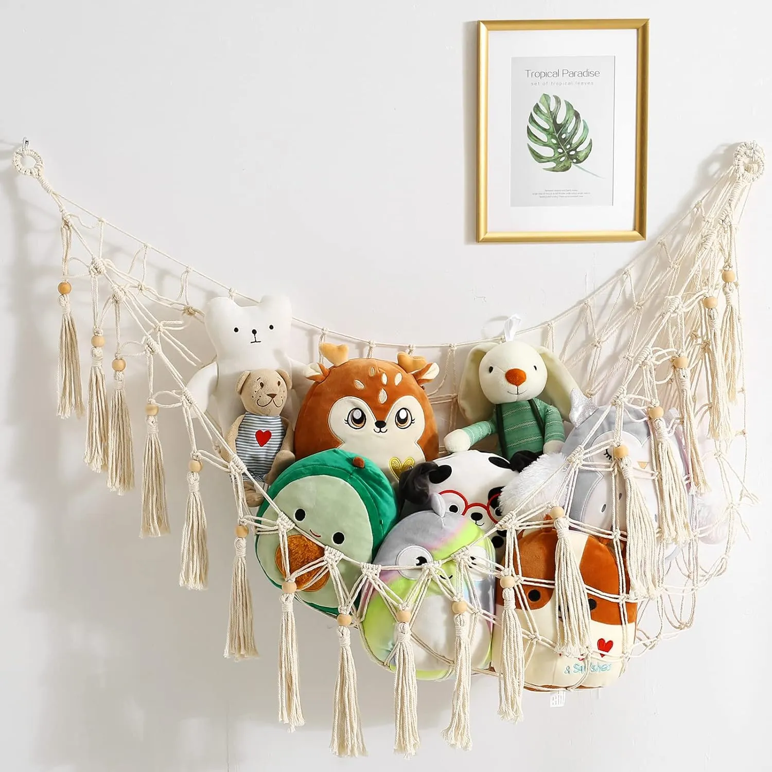 Stuffed Animal Hammock Macrame Boho Plush Toy Net Hammock for Stuffed Animals with Light Pet Net for Stuffed Animals Corner Hanging Stuffed Animal Storage Holder Teddy Bear Net Kids Room (White-1)