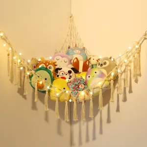 Stuffed Animal Hammock Macrame Boho Plush Toy Net Hammock for Stuffed Animals with Light Pet Net for Stuffed Animals Corner Hanging Stuffed Animal Storage Holder Teddy Bear Net Kids Room (White-1)
