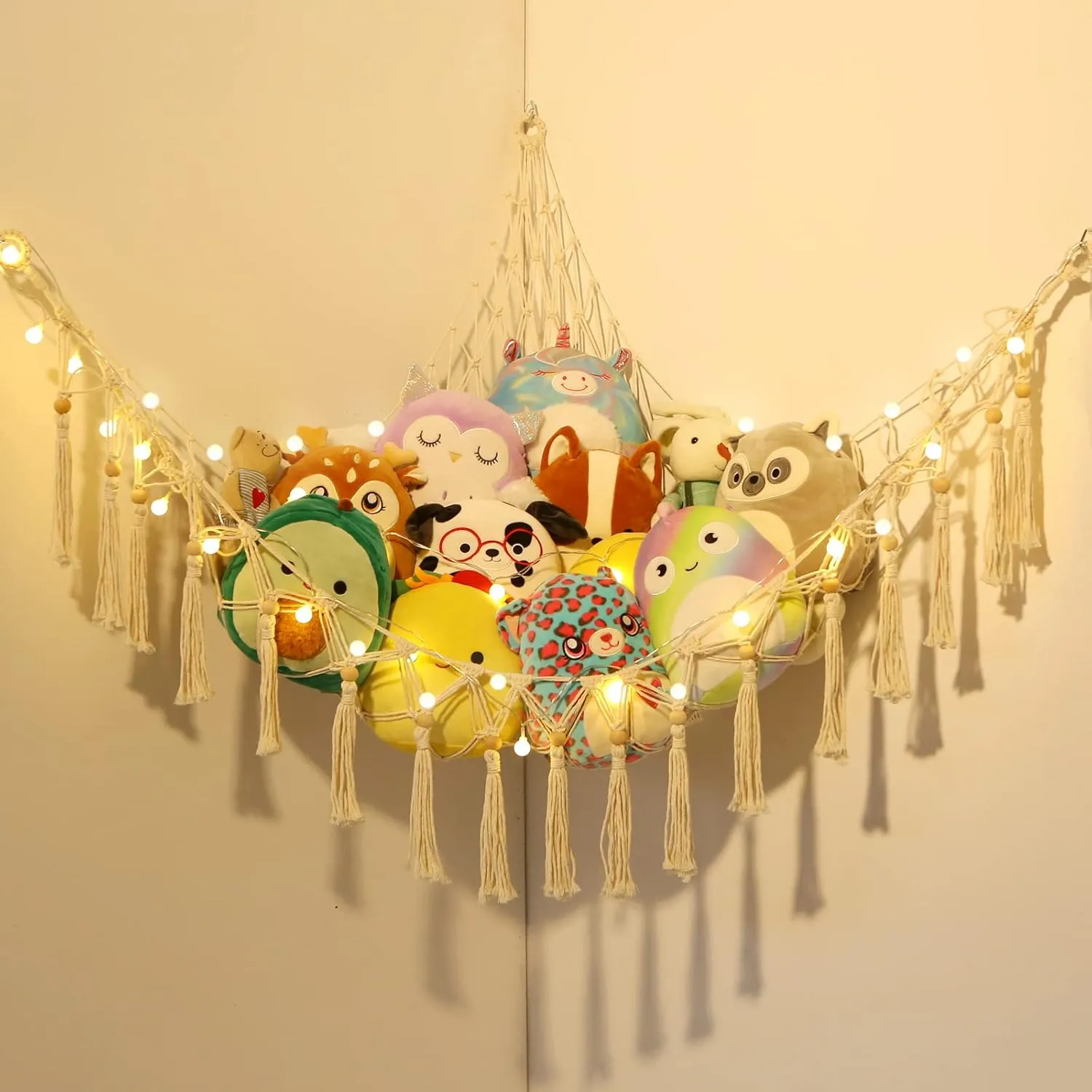 Stuffed Animal Hammock Macrame Boho Plush Toy Net Hammock for Stuffed Animals with Light Pet Net for Stuffed Animals Corner Hanging Stuffed Animal Storage Holder Teddy Bear Net Kids Room (White-1)