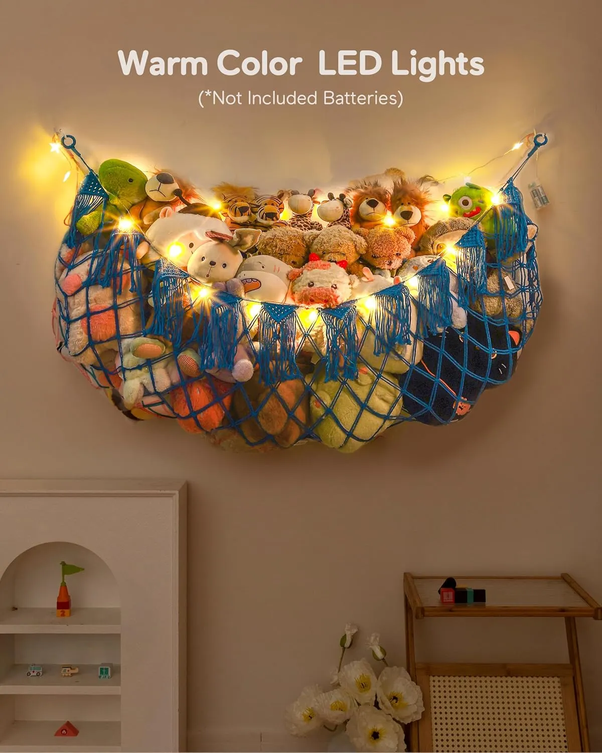 Stuffed Animal Hammock Net with Lights - Big Toy Net Hammock for Organizing Teddy Bear and Stuffy Storage, Xlarge Plushie Net for Kids Bedrooms Playroom Nursery(Blue XL)