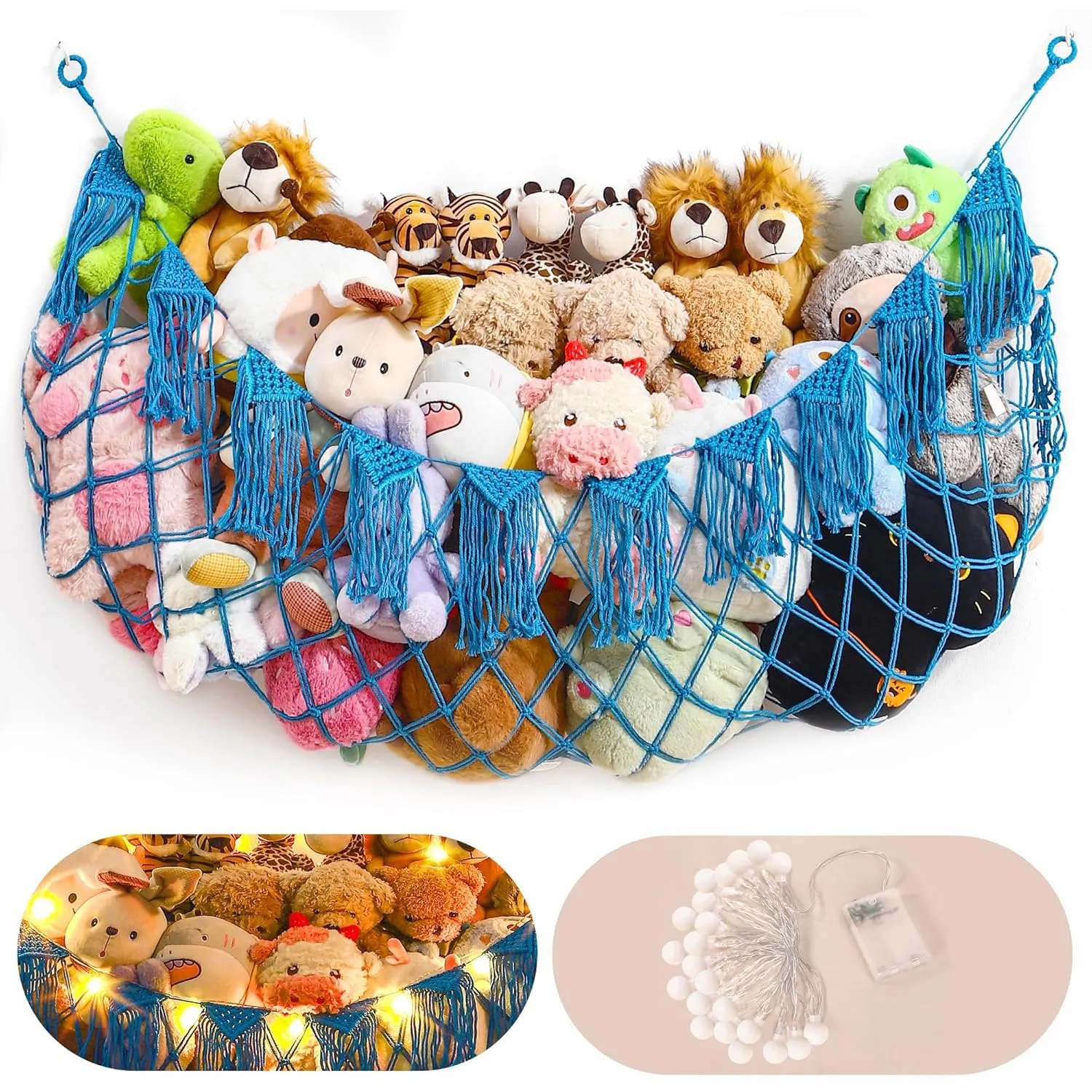 Stuffed Animal Hammock Net with Lights - Big Toy Net Hammock for Organizing Teddy Bear and Stuffy Storage, Xlarge Plushie Net for Kids Bedrooms Playroom Nursery(Blue XL)