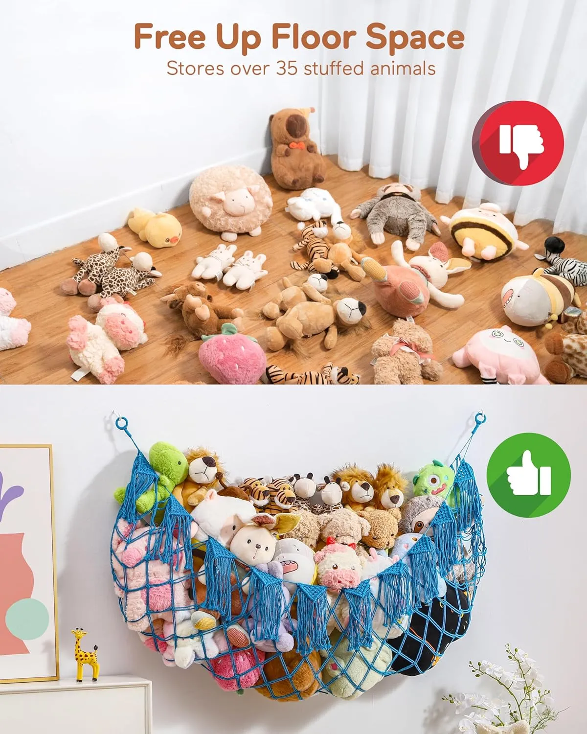 Stuffed Animal Hammock Net with Lights - Big Toy Net Hammock for Organizing Teddy Bear and Stuffy Storage, Xlarge Plushie Net for Kids Bedrooms Playroom Nursery(Blue XL)