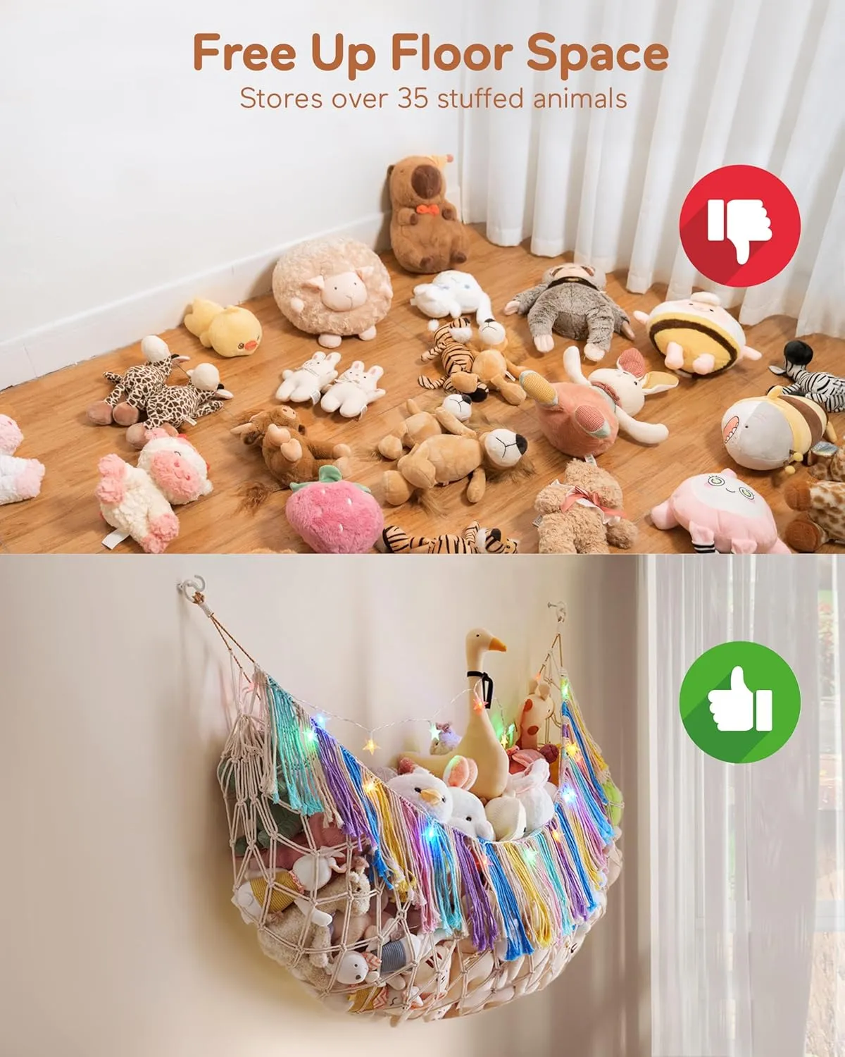 Stuffed Animal Hammock Net with Lights - Xlarge Wall Hanging Stuffed Animal Storage for Plushie Toys and Teddy Bears,Boho Stuffy Hammock for Kids Bedrooms Playroom Nursery