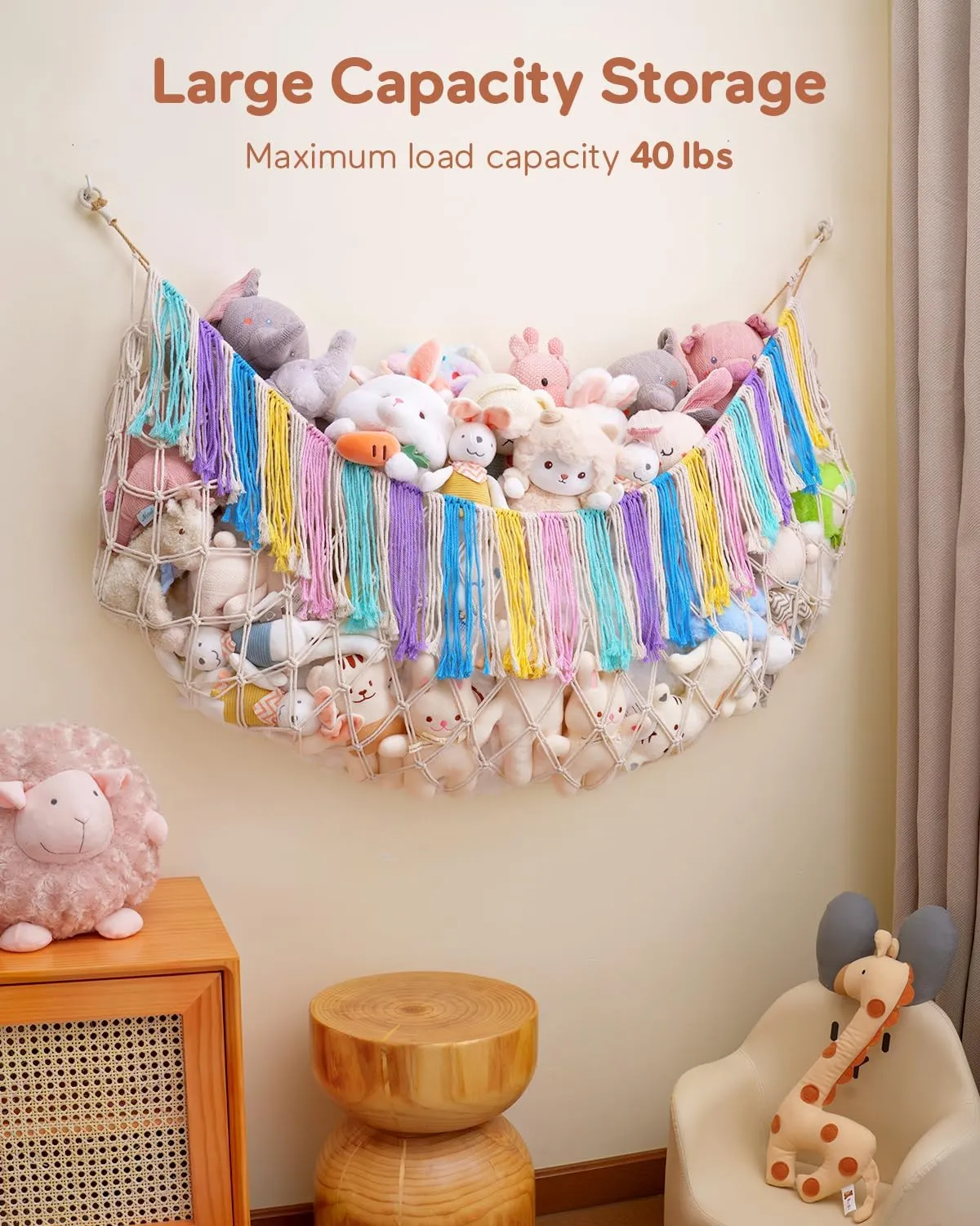 Stuffed Animal Hammock Net with Lights - Xlarge Wall Hanging Stuffed Animal Storage for Plushie Toys and Teddy Bears,Boho Stuffy Hammock for Kids Bedrooms Playroom Nursery