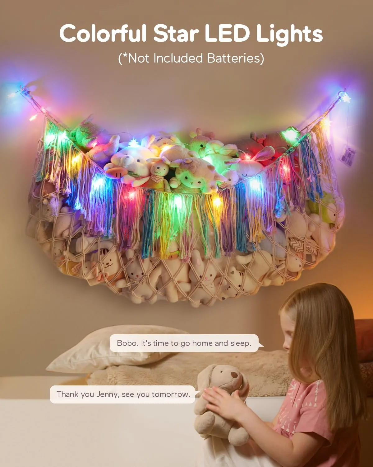 Stuffed Animal Hammock Net with Lights - Xlarge Wall Hanging Stuffed Animal Storage for Plushie Toys and Teddy Bears,Boho Stuffy Hammock for Kids Bedrooms Playroom Nursery