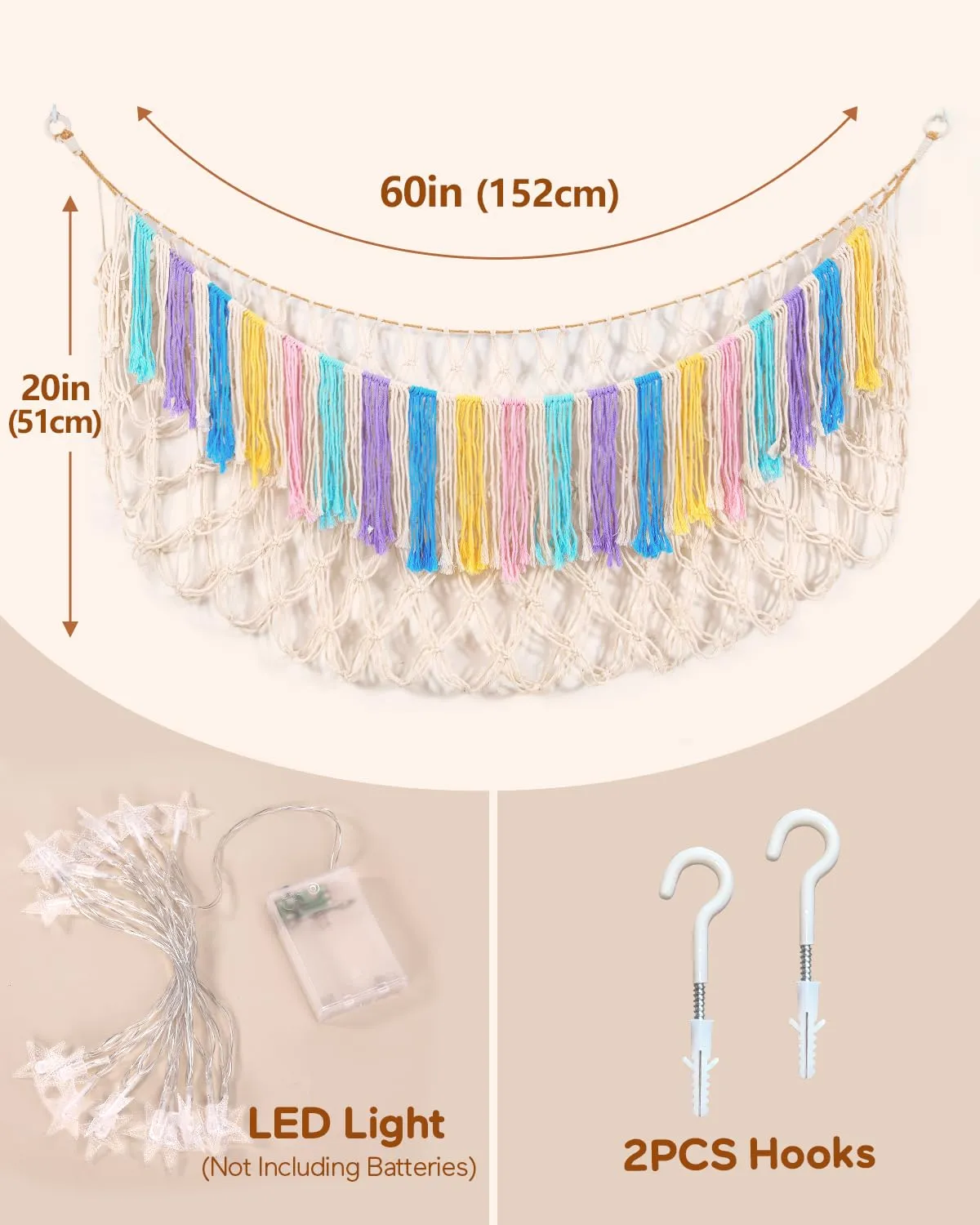 Stuffed Animal Hammock Net with Lights - Xlarge Wall Hanging Stuffed Animal Storage for Plushie Toys and Teddy Bears,Boho Stuffy Hammock for Kids Bedrooms Playroom Nursery