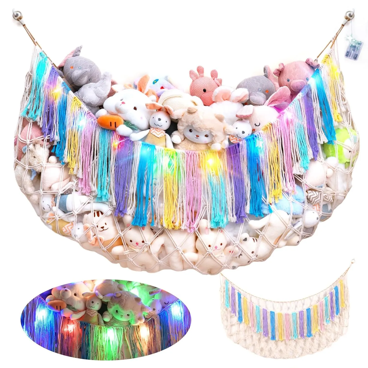 Stuffed Animal Hammock Net with Lights - Xlarge Wall Hanging Stuffed Animal Storage for Plushie Toys and Teddy Bears,Boho Stuffy Hammock for Kids Bedrooms Playroom Nursery