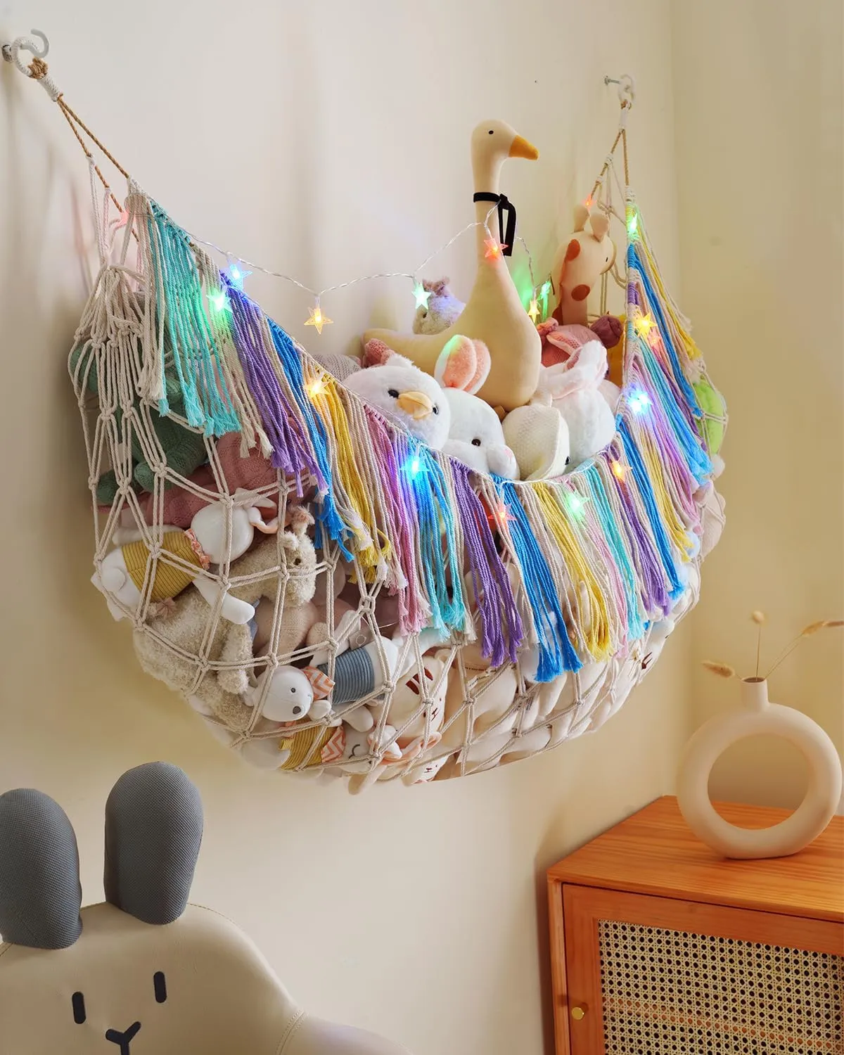 Stuffed Animal Hammock Net with Lights - Xlarge Wall Hanging Stuffed Animal Storage for Plushie Toys and Teddy Bears,Boho Stuffy Hammock for Kids Bedrooms Playroom Nursery