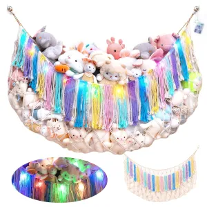 Stuffed Animal Hammock Net with Lights - Xlarge Wall Hanging Stuffed Animal Storage for Plushie Toys and Teddy Bears,Boho Stuffy Hammock for Kids Bedrooms Playroom Nursery