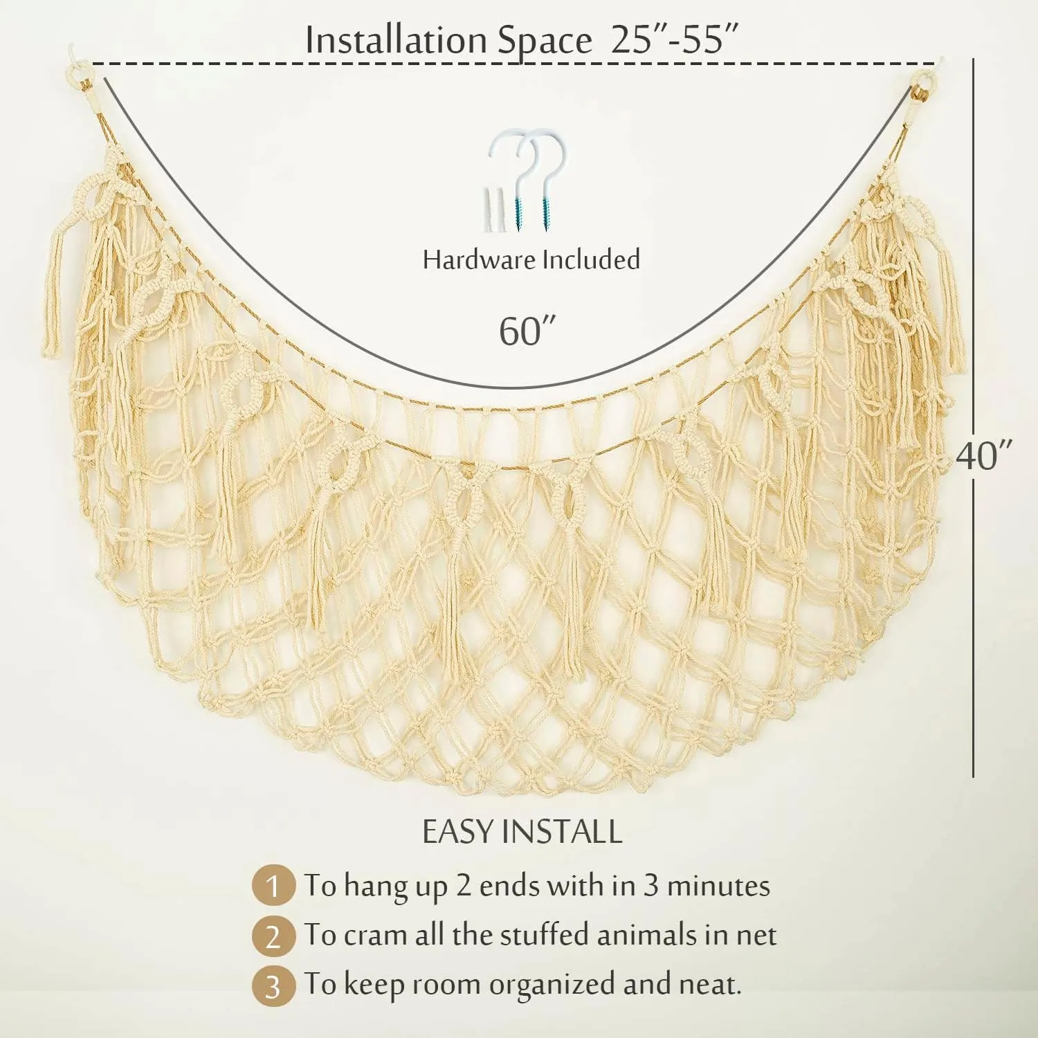 Stuffed Animal Net or Hammock XL for Flat Wall Mounted Handmade Macrame Toy Display Hanging Plush Toy Net for Stuff Animal Storage(Cream)