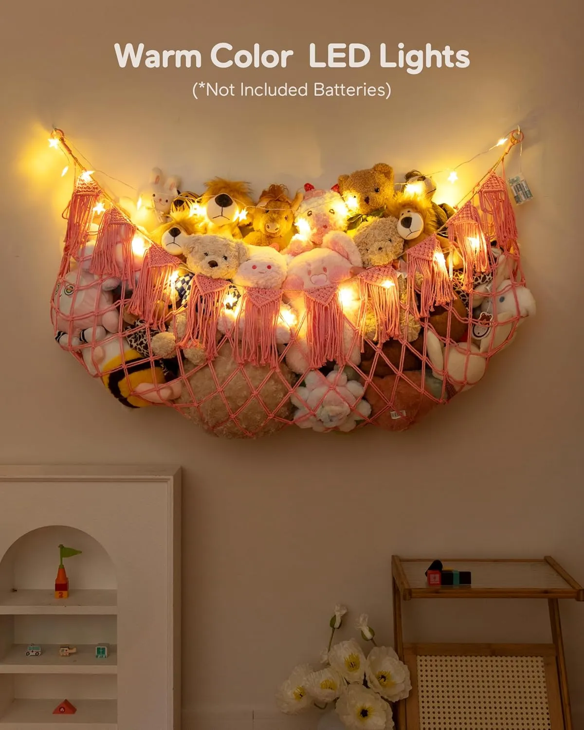 Stuffed Animal Storage Hammock or Net with Lights- Big Wall Hanging Stuff Animal Organizer Holder for Plush Plushie, Boho Macrame Toy Hammock for Girs Kids Bedrooms Playroom Nursery（Pink）