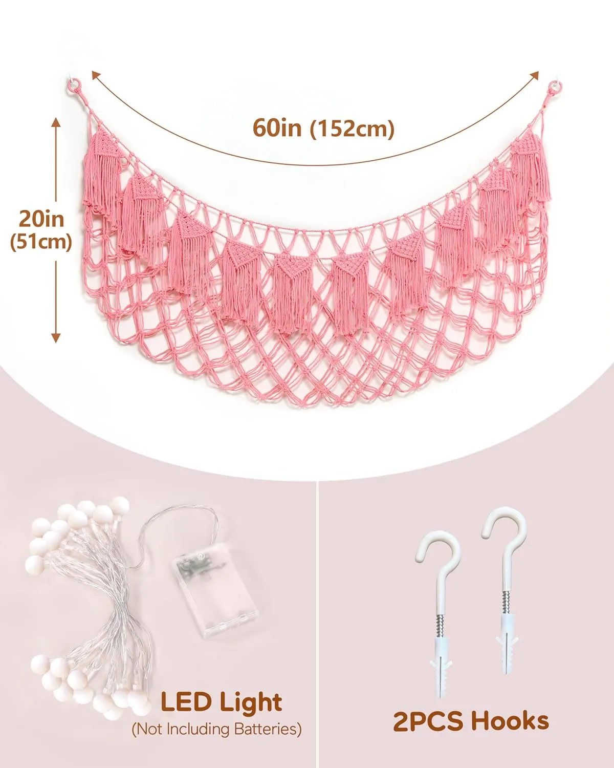 Stuffed Animal Storage Hammock or Net with Lights- Big Wall Hanging Stuff Animal Organizer Holder for Plush Plushie, Boho Macrame Toy Hammock for Girs Kids Bedrooms Playroom Nursery（Pink）