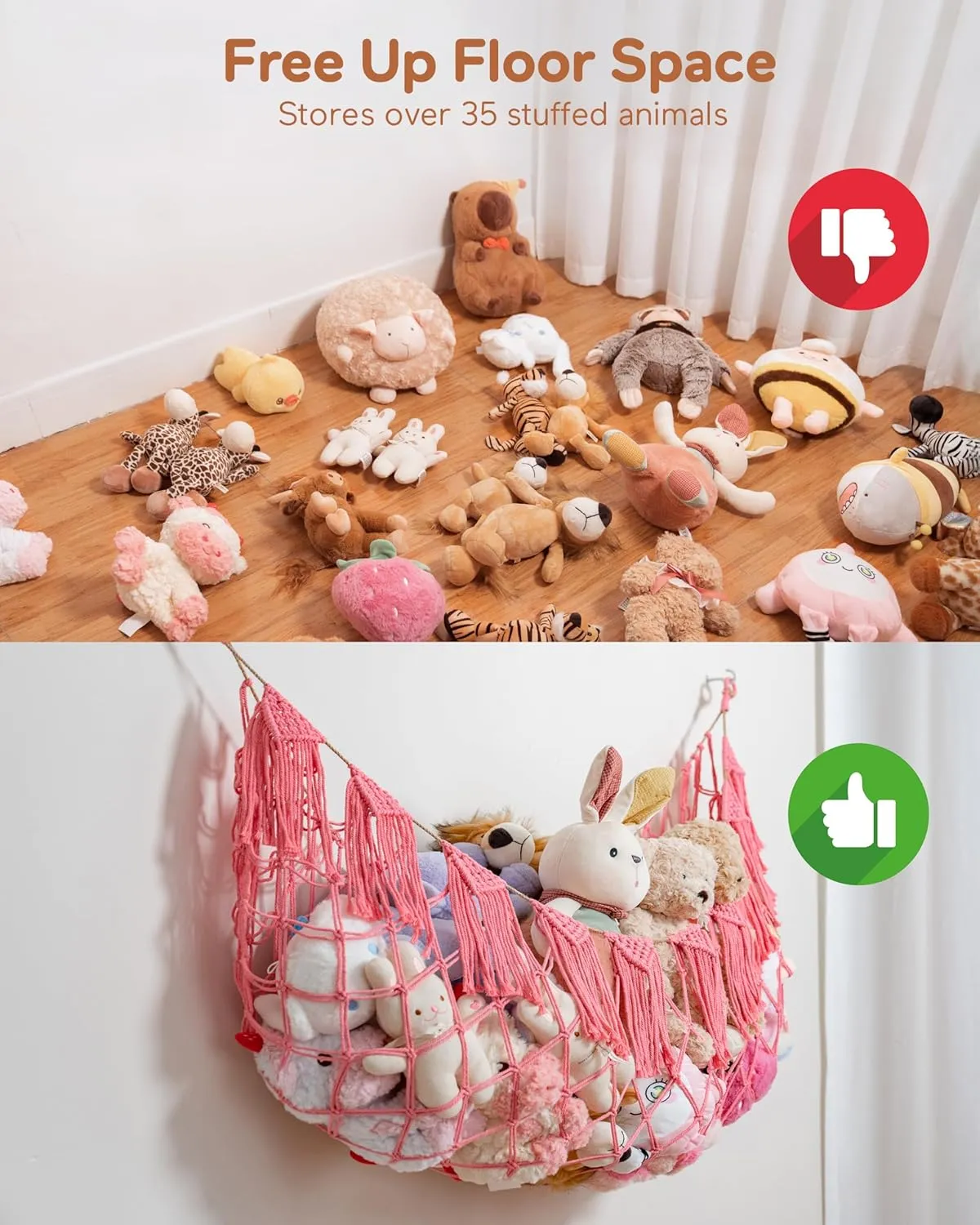 Stuffed Animal Storage Hammock or Net with Lights- Big Wall Hanging Stuff Animal Organizer Holder for Plush Plushie, Boho Macrame Toy Hammock for Girs Kids Bedrooms Playroom Nursery（Pink）