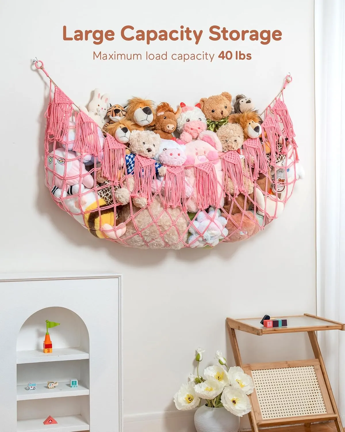 Stuffed Animal Storage Hammock or Net with Lights- Big Wall Hanging Stuff Animal Organizer Holder for Plush Plushie, Boho Macrame Toy Hammock for Girs Kids Bedrooms Playroom Nursery（Pink）