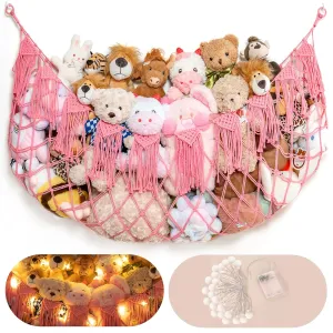 Stuffed Animal Storage Hammock or Net with Lights- Big Wall Hanging Stuff Animal Organizer Holder for Plush Plushie, Boho Macrame Toy Hammock for Girs Kids Bedrooms Playroom Nursery（Pink）