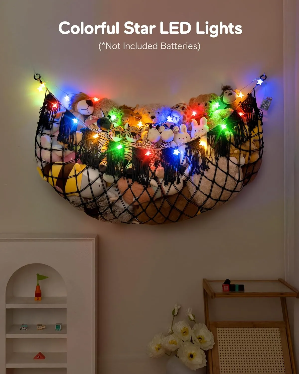 Stuffed Animal Storage Hammock with Lights- Boho Wall Hanging Plushie Net for Stuff Aanimal Organizer and Toy Display, Big Toy Hammock for Kids boys Bedrooms Playroom Nursery(Black)