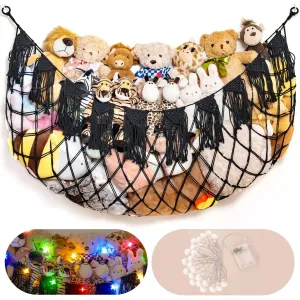 Stuffed Animal Storage Hammock with Lights- Boho Wall Hanging Plushie Net for Stuff Aanimal Organizer and Toy Display, Big Toy Hammock for Kids boys Bedrooms Playroom Nursery(Black)