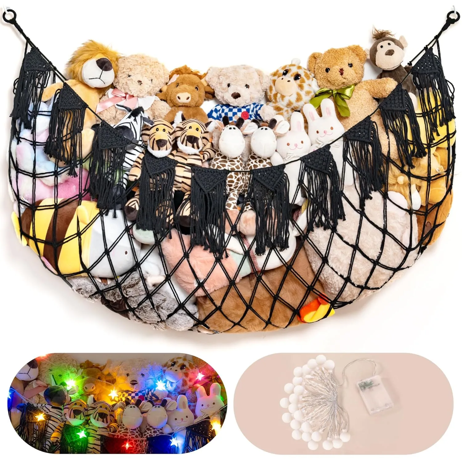 Stuffed Animal Storage Hammock with Lights- Boho Wall Hanging Plushie Net for Stuff Aanimal Organizer and Toy Display, Big Toy Hammock for Kids boys Bedrooms Playroom Nursery(Black)