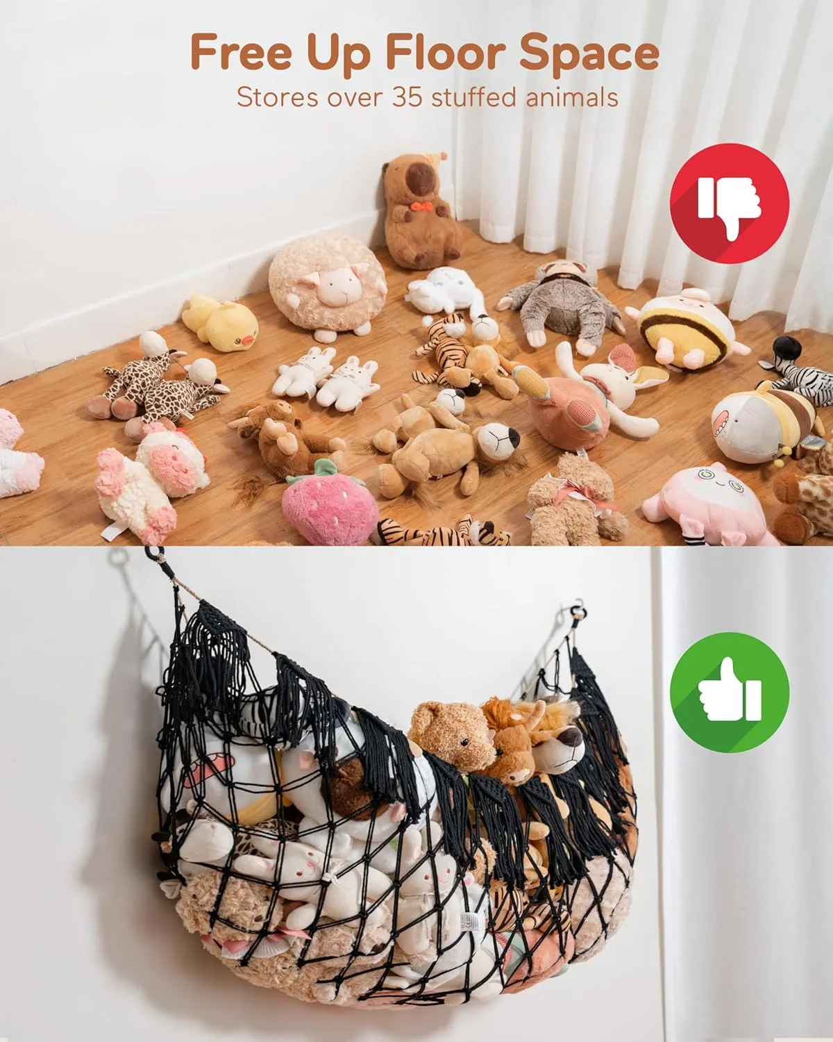 Stuffed Animal Storage Hammock with Lights- Boho Wall Hanging Plushie Net for Stuff Aanimal Organizer and Toy Display, Big Toy Hammock for Kids boys Bedrooms Playroom Nursery(Black)