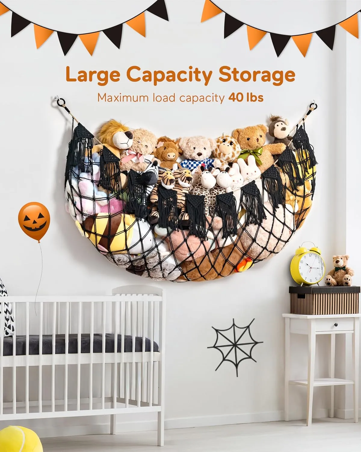 Stuffed Animal Storage Hammock with Lights- Boho Wall Hanging Plushie Net for Stuff Aanimal Organizer and Toy Display, Big Toy Hammock for Kids boys Bedrooms Playroom Nursery(Black)